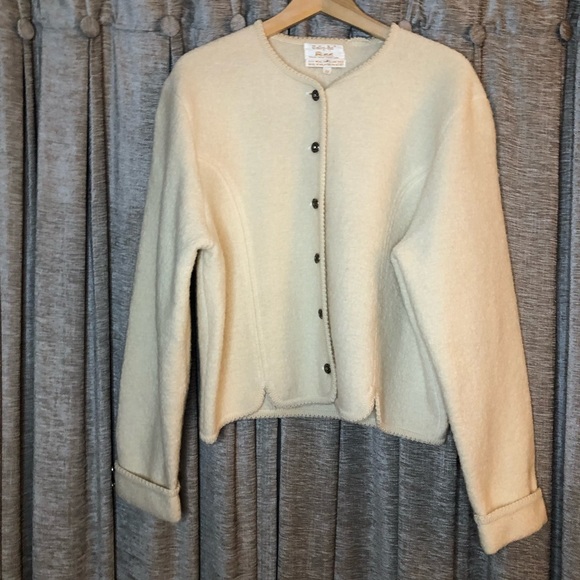 Vintage Tally Ho Cream Wool Floral Engraved Button Front Jacket Size 12 - Picture 2 of 15